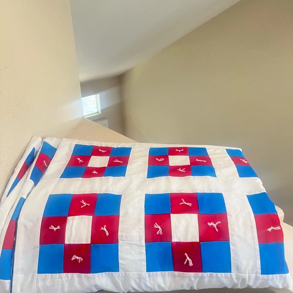 VNTG Handmade Cotton Red White Blue Colorful King Size Quilt‎ Top 91 x 75